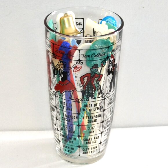 Vintage Barware Mixing Glass With Drink Recipes And Characters Swizzle S… - Picture 1 of 4